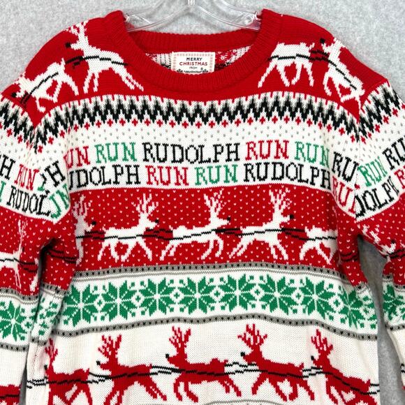 Daisys Boutique Pullover Christmas Sweater Size M  Run Rudolph Ugly XMas AOP - Picture 1 of 16